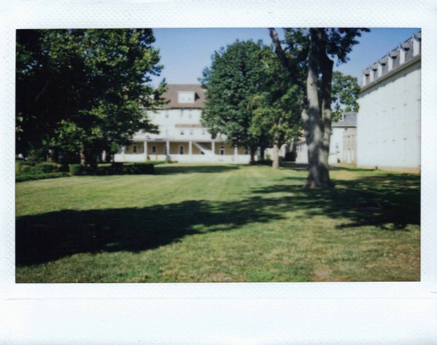 green space, abandoned college building on right